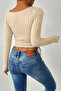 Beige Boat Neck Long Sleeve Side Gathered Lycra Crop Blouse Top - 6