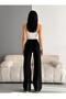 Women's Black Modal Fabric Loose Wide Leg Waist Lace up High Waist Palazzo Sweatpants - 3