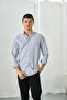 Slim Fit Navy Blue Striped Buttoned Collar 100% Cotton Flared Linen Look Shirt - 5