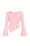 Light Pink Crew Neck Draped Detail Bell Sleeve Modest-Compatible Top Blouse - 3