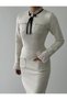 White Stand Collar Pearl and Ribbon Detailed Midi Length Premium Tweed Dress - 2