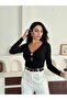Women's Black Drop-Necklace Style Accessory-Furnished Front-Lined Stylish Sandy Blouse