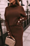 Women's Bitter Brown Pearl Button Detailed Sweater Skirt Bottom and Top Knit Set - 3