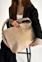 Knitted Detail Light Mink Soft Leather Casual Large Size Women's Shoulder Bag - 5