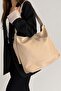 Knitted Detail Light Mink Soft Leather Casual Large Size Women's Shoulder Bag