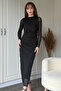 Draped Long Sleeve Stone Black Midi Tulle Dress - 6
