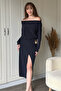 Boat Neck Waist Gold Accented Slit Navy Blue Flowy Dress - 6