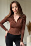 V-Neck Zippered Polo Neck Bodycone Brown Blouse with Finger Loops - 4