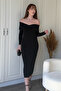 Body-Hugging Midi Black Dress with Shoulder Detail - 7