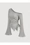 Women's Gray Asymmetrical One-Shoulder Knitwear Blouse – Spanish Sleeve, Drawstring Detail