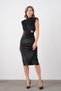 Women's Black Stretchy Velvet Fabric Padded Wrap Cut Midi Length Black Dress with Shiny Accessories 5509 - 8