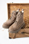 Lucia Women's Lace-Up Genuine Leather Boots Beige Suede - 2
