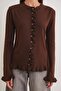 6964 Women's Plain Ruffled Buttoned Cardigan Brown - 3