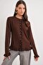 6964 Women's Plain Ruffled Buttoned Cardigan Brown