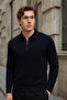 Men's Navy Blue Oversized Half-Zip Sweatshirt Loose Fit Mock Neck