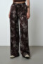 Women's Floral Patterned Brown Jacquard Wide Leg Patterned Trousers - 2