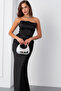 Women's Black Tight Fit Strapless Long Satin Promise Engagement Evening Dress - 3