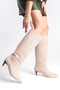 Women's Beige Suede Heeled Pointed Toe Below-The-Knee Boots - 6