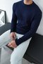 Hair Braided Crew Neck Men's Knitwear Sweater Navy Blue - 2