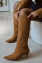 Fall Kitten Heel Below-The-Knee Pointed Toe Piping Tape Detail Matte Leather Women's Boots Tan Camel Suede - 3
