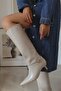 Fall Kitten Heel Below-The-Knee Pointed Toe Piping Tape Detailed Matte Leather Women's Boots