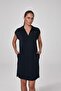 Women's Navy Blue Short Sleeve Lapel Detailed Pocket Home Dress C8T3N5O2