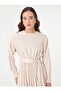Long Hijab Dress with Pleated Waist and Tie - Beige - - 2