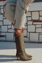 Fall Kitten Heel Below-The-Knee Pointed Toe Piping Tape Detail Matte Leather Women's Boots Khaki Suede - 4