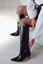 Fall Kitten Heeled Below the Knee Pointed Toe Piping Tape Detailed Matte Leather Women's Boots Black Patent Leather - 3