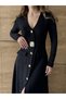 BUKETLİ Women's Fixed Belt Large Yellow Button and Pocket Detail V-Neck Long Sleeve Long Dress - 3