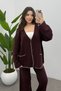 Women's Burgundy Pocket Detailed Shepherd Stitch Cardigan Pants Bottom Top Knitwear Set - 4