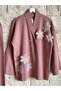 Hatunatila Floral Detailed Gold Buttoned Jacket Collar Knitwear Two-Piece Set Powder 3039 - 2