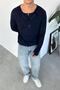 Navy Blue Buttoned Collar Relaxed Long Sleeve T-Shirt