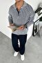 Navy Blue Knitted Patterned Premium Oversize Polo Neck Sweater - 2