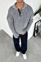 Navy Blue Knitted Patterned Premium Oversize Polo Neck Sweater