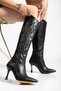 Women's Black Long Zipper Embroidered Thin Heeled Boots