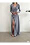 Double-breasted neck long sleeve slit detail imported crepe fabric long basic dress 582623 gray