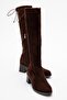 Women's Knee-High Stretch Heeled Boots; Brown Suede