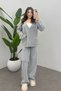 Women's Light Gray Pocket Detailed Shepherd Stitch Cardigan Pants Bottom Top Knitwear Set - 6