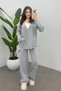 Women's Light Gray Pocket Detailed Shepherd Stitch Cardigan Pants Bottom Top Knitwear Set - 3