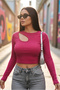 Women's Asymmetrical Neckline Long Sleeve Ribbed Fit Crop Blouse