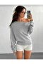 Women's Grey Off Shoulder Asymmetrical Cut Boat Neck Batwing Sleeve Blouse - 4
