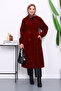 Burgundy Double-Breasted Collar Belted Angora Coat - 2
