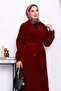 Burgundy Double-Breasted Collar Belted Angora Coat - 3