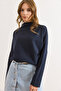 Women's Navy Blue Stand Collar Ribbed Thessaloniki Blouse Blz-19003137