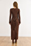 Women's Brown Spanish Sleeve Belted Maxi Knit Dress Elb-19002546 - 6