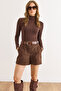 Women's Brown Pocketed Cashmere Shorts Shrt-19000080