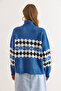 Women's Indigo Turtleneck Argyle Pattern Soft Textured Knitwear Sweater Kzk-19001022 - 3