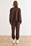 Women's Brown Modal Buttoned Stripe Detailed Top and Bottom Set Tkm-19000443 - 4