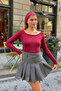 Burgundy Off-The-Shoulder Long Sleeve Blouse - 3